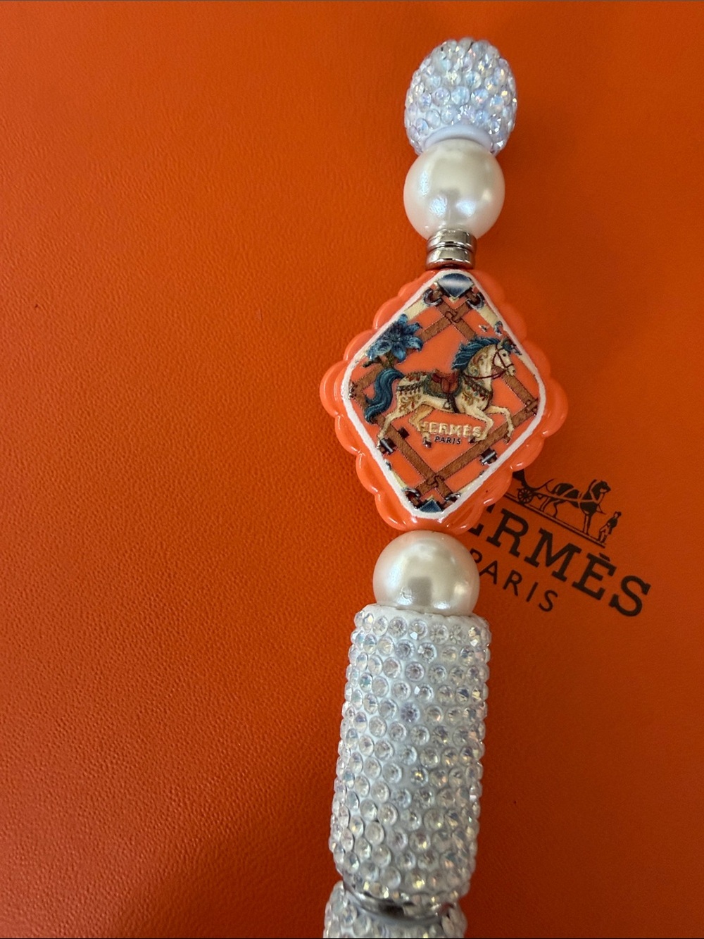 Handcrafted Orange Enamel and Crystal Pearl Pen Charm